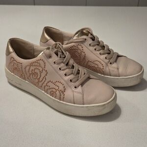 Michael Kors Blush Pink Leather Sneakers with Gold Heel Accent